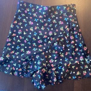 Zara High-waisted Ruffled Fruit Print Satin Skort